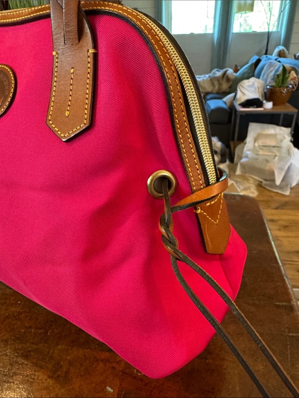 Dooney & Bourke Hot Pink Nylon Satchel with Brown Leather Trim